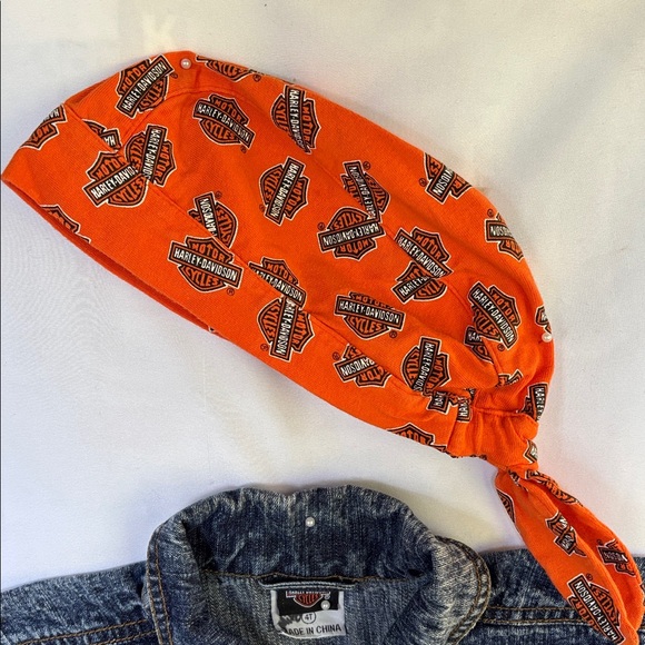 VINTAGE LIKE NEW! HARLEY-DAVIDSON DENIM BLUE JEANS JACKET & HEADWRAP SIZE 4T - Picture 6 of 16